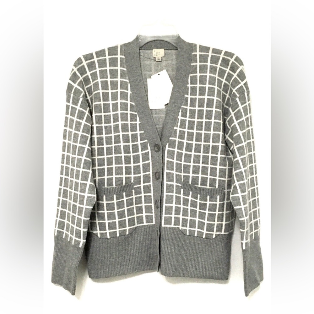 A New Day Women's L Cozy Knit Light Gray Windowpane Everyday Cardigan Sweater - Picture 6 of 7